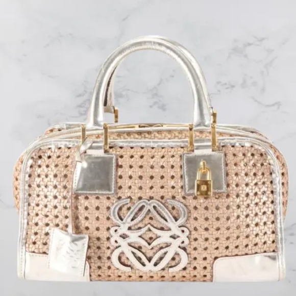 🍦LOEWE Amazona 28 Hand Bag Braided Leather Mesh Type Silver Limited 24081 - Picture 3 of 11